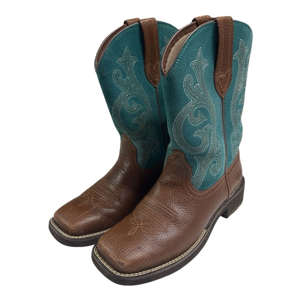 Ariat Round Up Wide Square Toe Western Cowboy Boots Brown Teal Leather Womens 7C